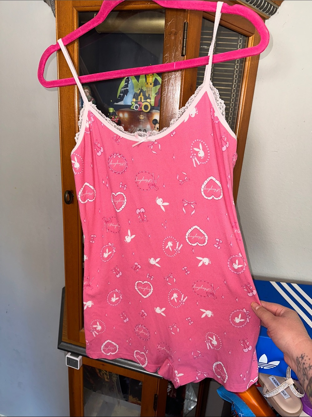 PLAYBOY Pink Lace-Trim Sleep Romper with Heart & Bunny Print
